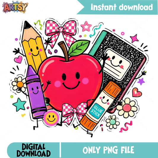 Back To School Cute Characters PNG, School Supplies PNG, Teacher PNG