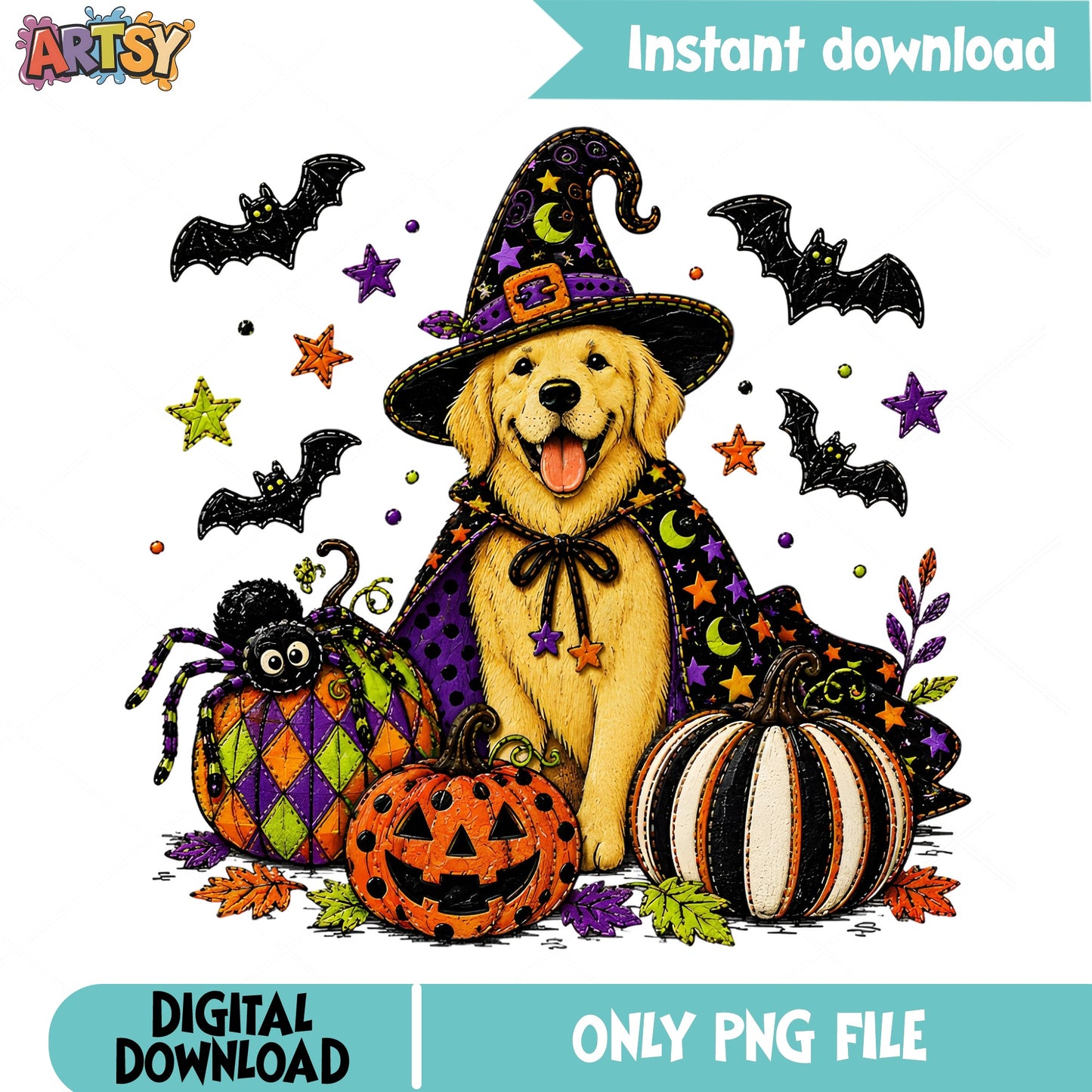 Halloween Golden Retriever Witch PNG, Dog Halloween PNG, Spooky Dog PNG