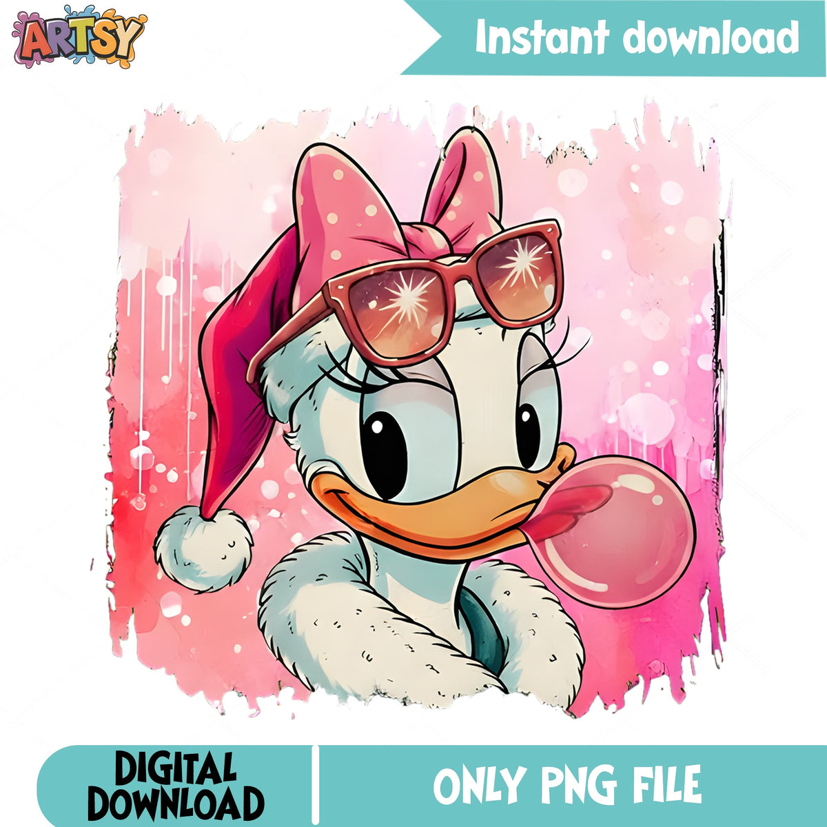 Daisy Bubblegum Santa Hat PNG, Pink Christmas PNG, Sunglasses PNG