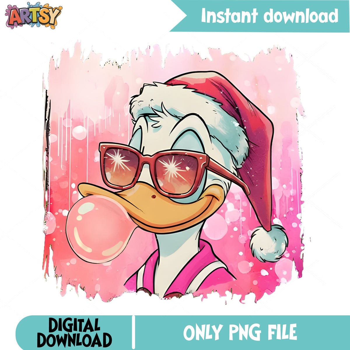 Donald Duck Bubblegum Santa PNG, Pink Christmas PNG, Sunglasses PNG