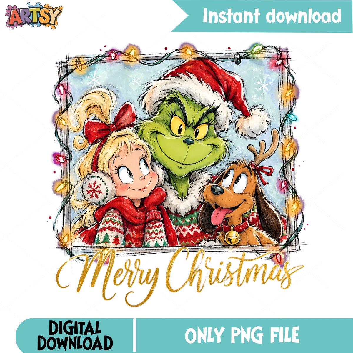 Grinch Cindy Lou Max Christmas PNG, Watercolor Grinch PNG, Lights PNG