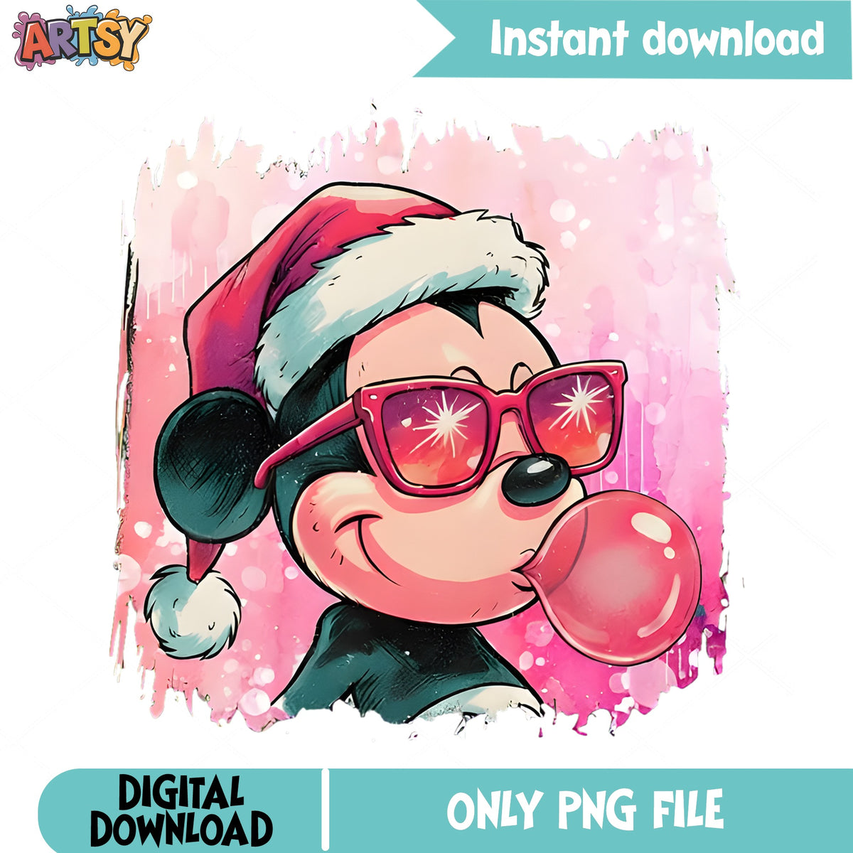 Mickey Bubblegum Santa PNG, Pink Christmas PNG, Sunglasses PNG