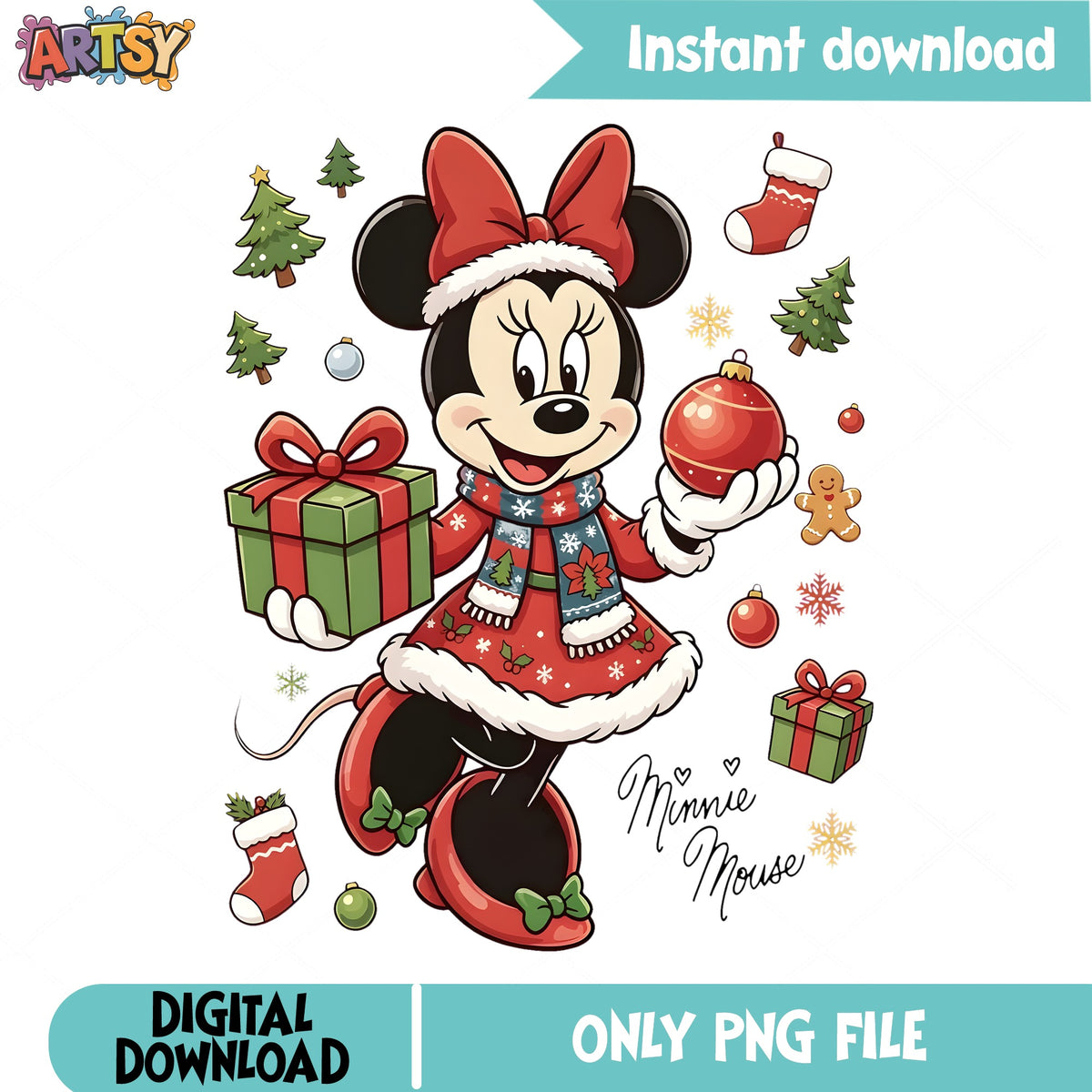 Minnie Mouse Santa Dress PNG, Gift Ornament PNG, Stockings PNG