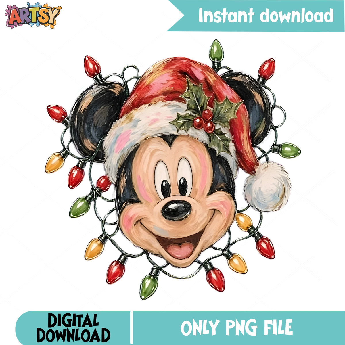 Mickey Santa Hat Christmas Lights PNG, Mickey Face PNG, Disney PNG