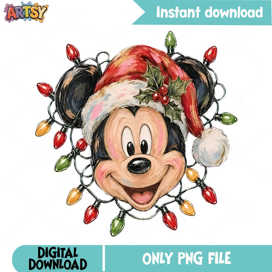 Mickey Santa Hat Christmas Lights PNG, Mickey Face PNG, Disney PNG