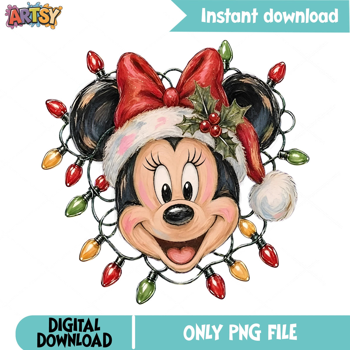 Minnie Santa Hat Christmas Lights PNG, Minnie Face PNG, Disney PNG