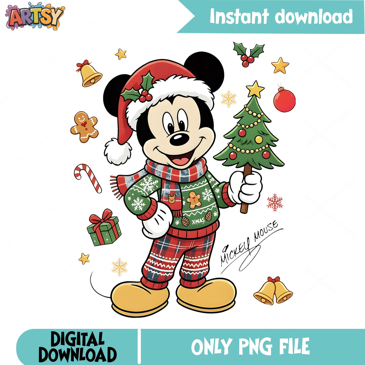 Mickey Ugly Sweater Christmas PNG, Plaid Pajamas PNG, Gingerbread PNG