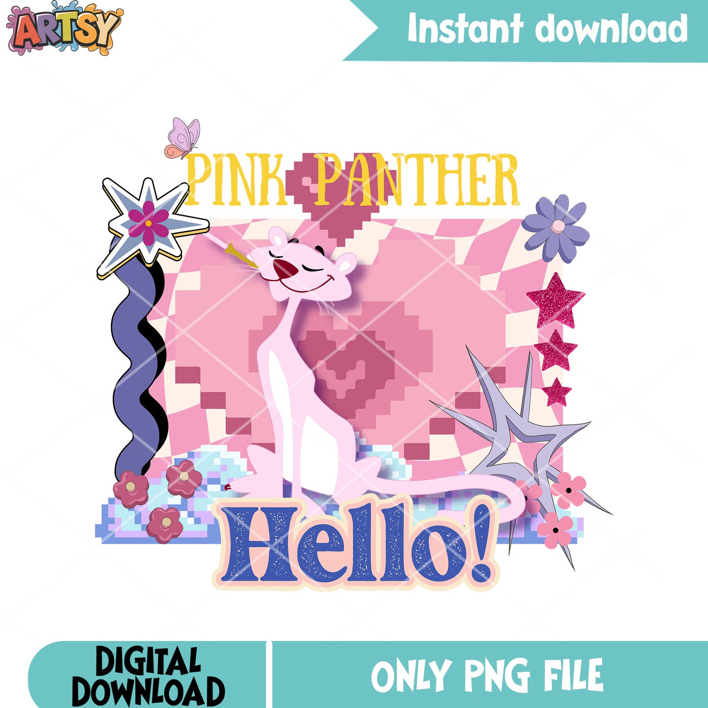 pink panther hello png, retro art png, classic cartoon png
